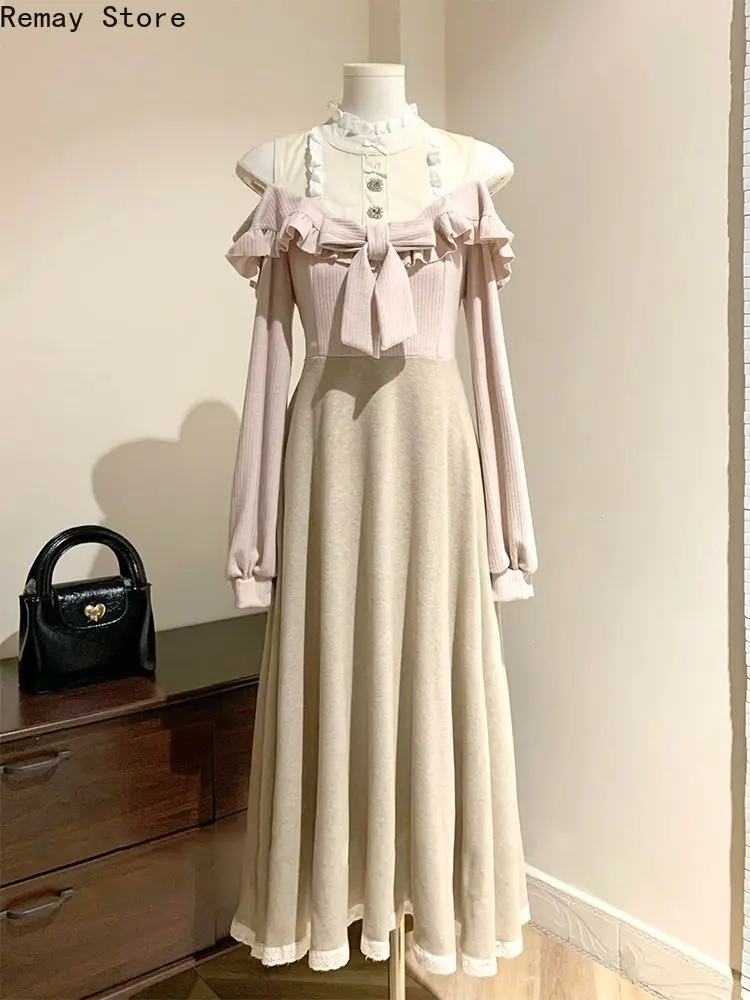 French Korean Fashion French Vintage Elegant Lolita Women Dress Long Sleeve Midi Dress Knit Soft Kawaii Dating Party Outfits New