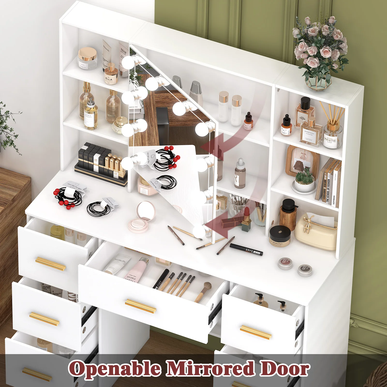 مكياج خشبي منخفض مع مرآة مضاءة: 3 أوضاع إضاءة وأدراج وأرفف منزلقة #3