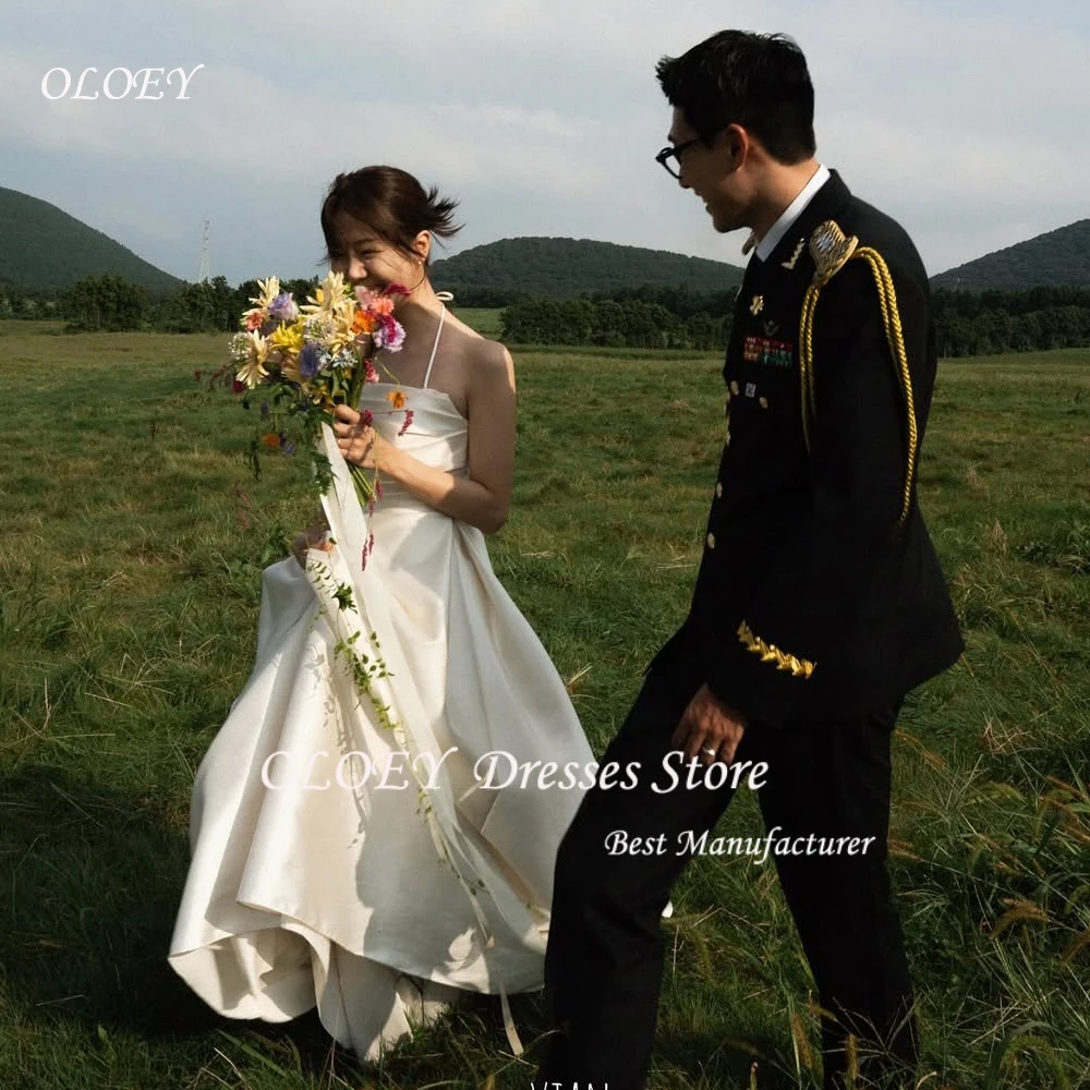 

OLOEY Korea Wedding Reception Dresses Photo Shoot Halter A-line Draped Bridal Gown Simple Soft Satin Evening Dresses