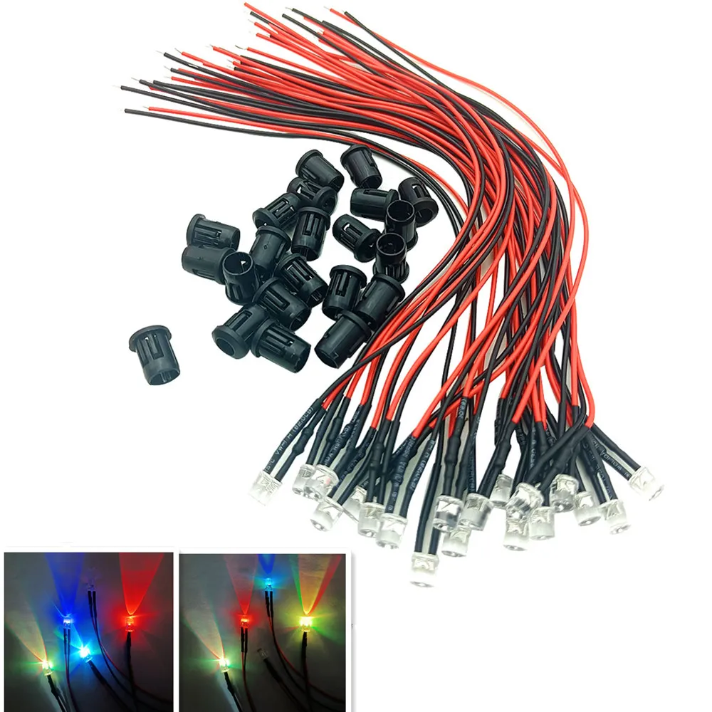 20-50pcs 3mm 5mm Flat Top LED Pre-wired water clear DC3-12V Red Green Blue white RGB UV light-emitting diode with Plastic Holder