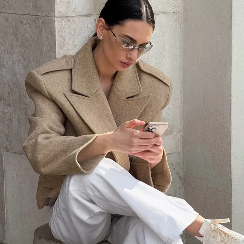 

Trendy Stylish Office Women Suit Jacket Designer Versatile Woolen Coat Casual-chic Outerwear Commuting Female Autumn Streetwear