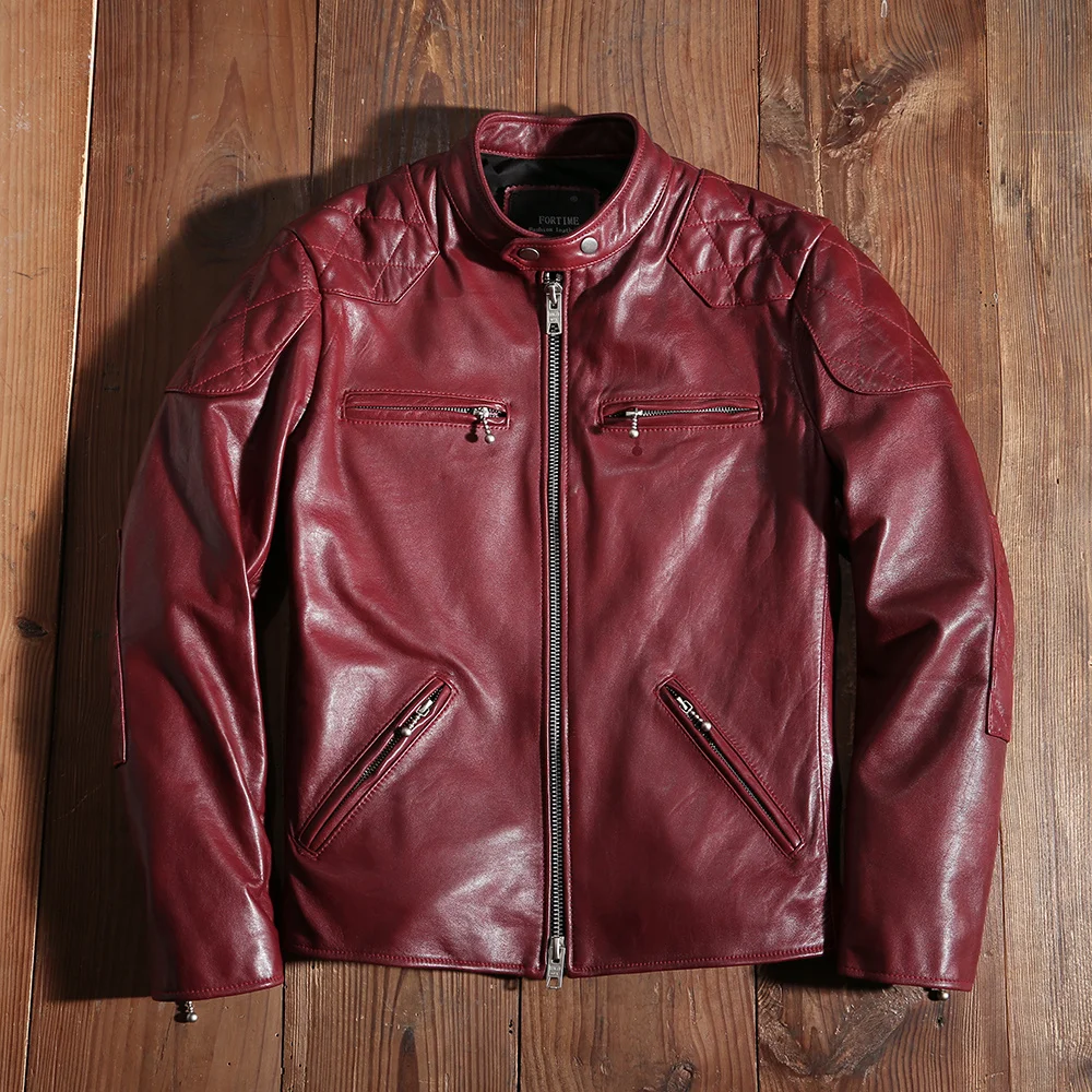 Leather 2023 Red Genuine Jacket Men Stand Collar Plus Size 5XL Real Natural Sheepskin Autumn Slim Fit Short Biker Coat