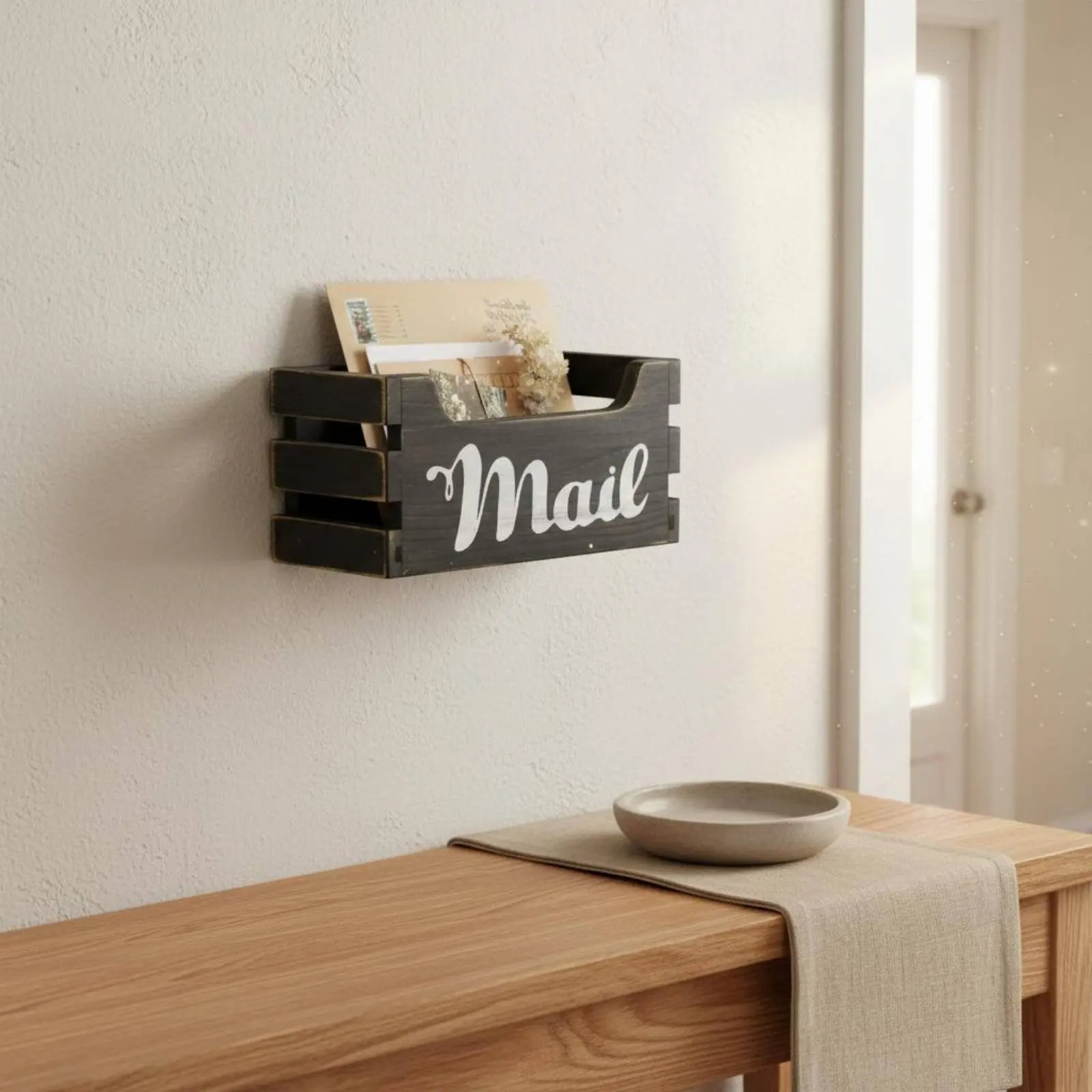 Wall Mountable Letter Box Two-Way Use Countertop Letter Holder Rustic Wooden Mail Sorter Sturdy Construction for Office, Kitchen