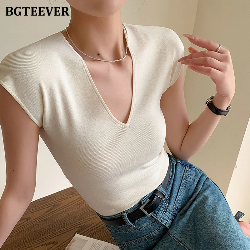 BGTEEVER Stylish V-neck Slim Women Knitted T-shirts Short Sleeve Basic Solid Tees Summer Fashion Female Pullovers Tops