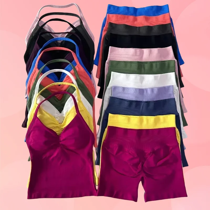 

Women Gym Clothes Longline Strappy Top and Seamless Running Shorts Sports 2 PCs Fitness Suit Running Workout Yoga Set