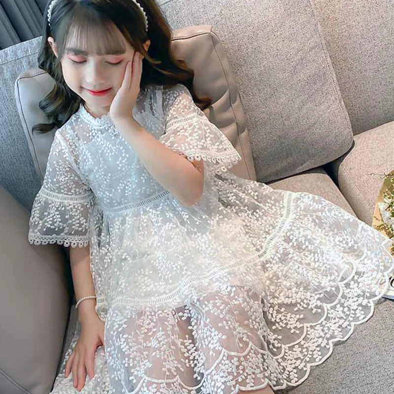 Girls' Dress Summer New Flare Sleeves Hollow Mesh Dress+Inner Sling Suspender bottomed shirt 2PCS Princess Children's Dress Set