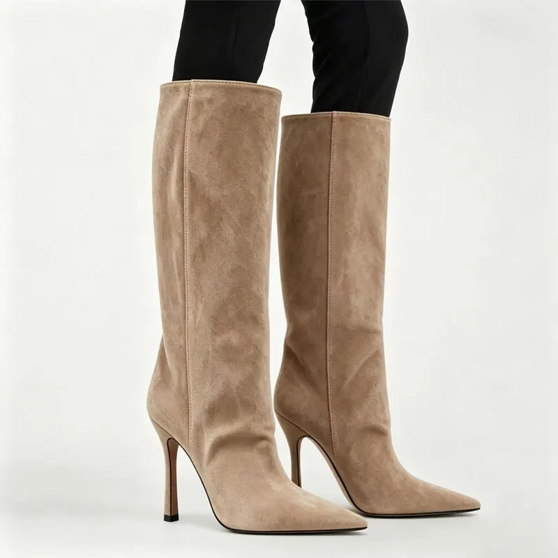 Botas Altas de Gamuza para Mujer, Botas de Tacón de Aguja con Caña Ancha, 5 Colores: Negro/Marrón/Rojo/Gris/Camel, Botas Altas para Vestir en Invierno y Fiestas