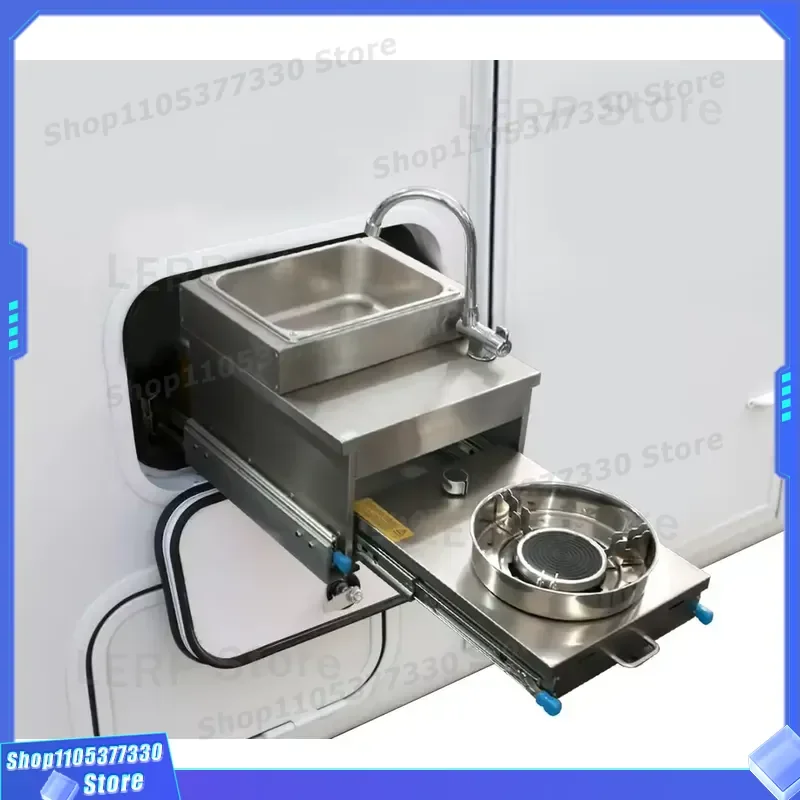 Stainless Steel RV Kitchen Sink With Gas Stove Slide Out Design For Camper Caravan Motorhome Compact Cooking Station Slide