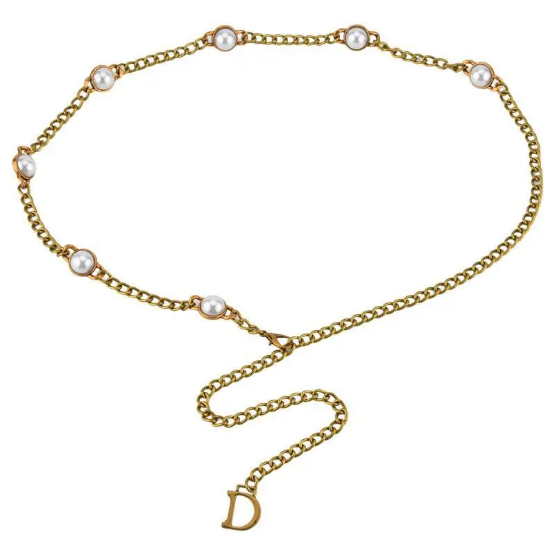 

Luxury Gold Color Metal Waist Belts Summer Shirt Skirt Dress Belt Decoration Pearls Studded Zinc Alloy Belly Chain 110Cm Belts