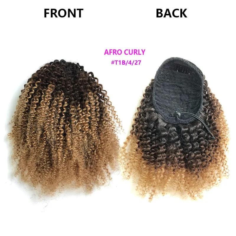 Pruik van echt haar Afro Krullend Trekkoord Paardenstaarthaar 3C 4A 2 #   4 #   Natuurlijke look Comfortabele pasvorm Hoogwaardig verstelbaar trekkoord