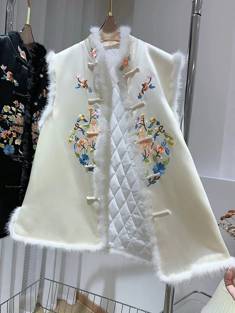 2024 new chinese style women white  embroidered cotton vest suit autumn winter fashion jacket woman tangsuits vest tangsuit coat