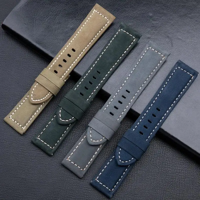 HAODEE First Layer Soft Cowhide Leather Watchband Nubuck Vintage Bracelet 24mm For Panerai Strap For 44mm Dial Stainless Pin