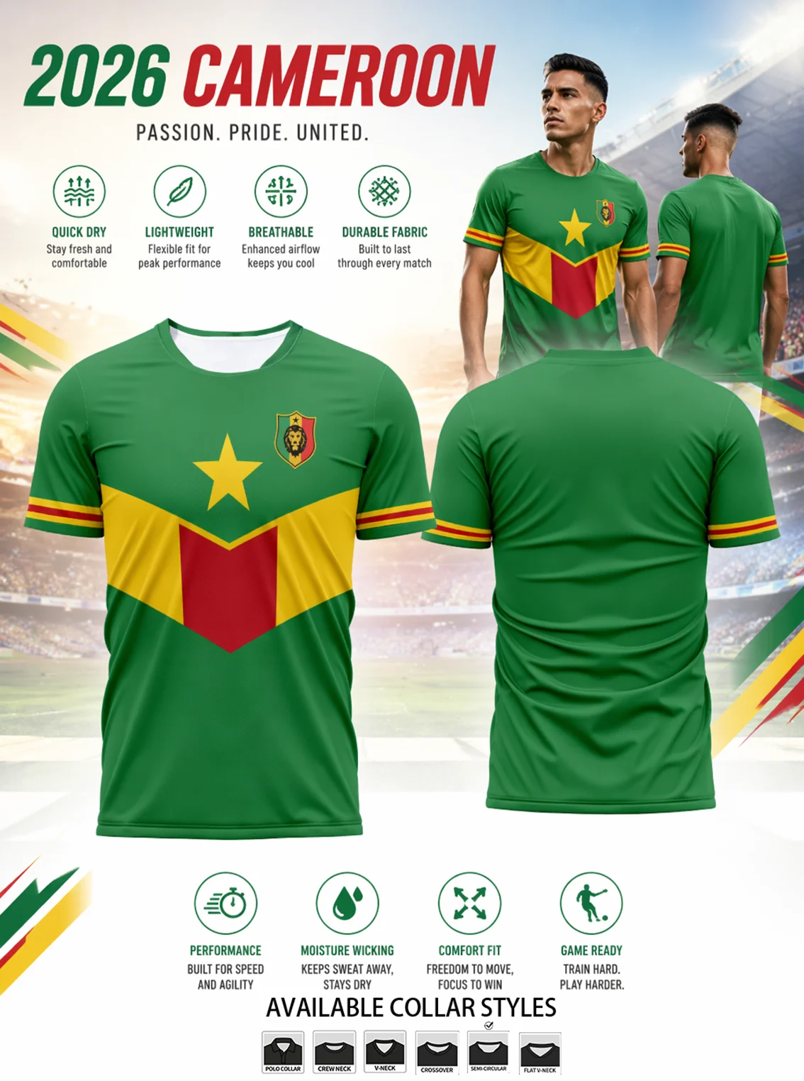 Cameroon soccer jersey with national‑flag spliced pattern, chest star and lion badge carrying local team‑spirit charm