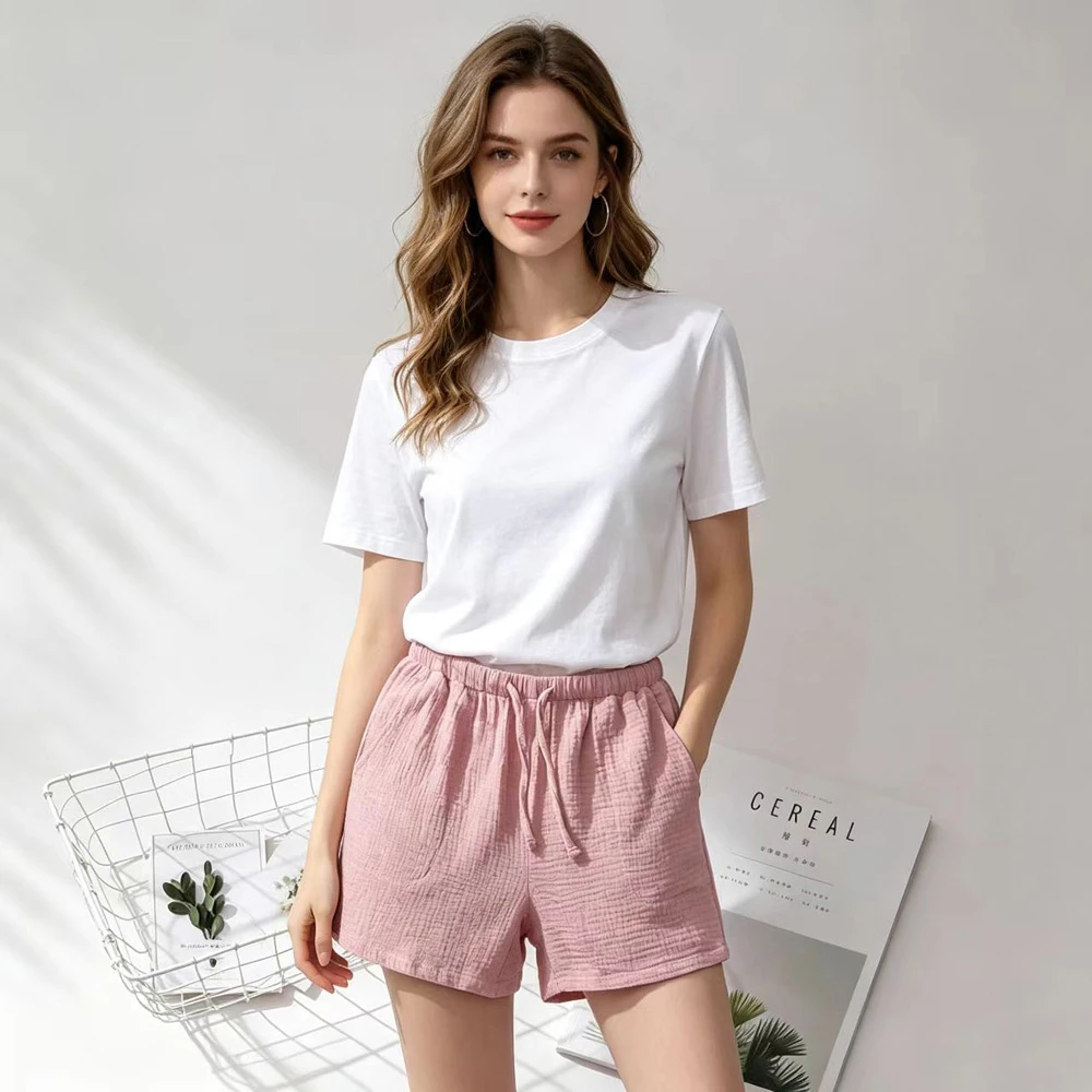 

New Summer Couples Sleep Pants 100% Cotton Crepe Pajama Shorts Men And Women Elastic Waist Sleep Bottoms Solid Sleeping Shorts