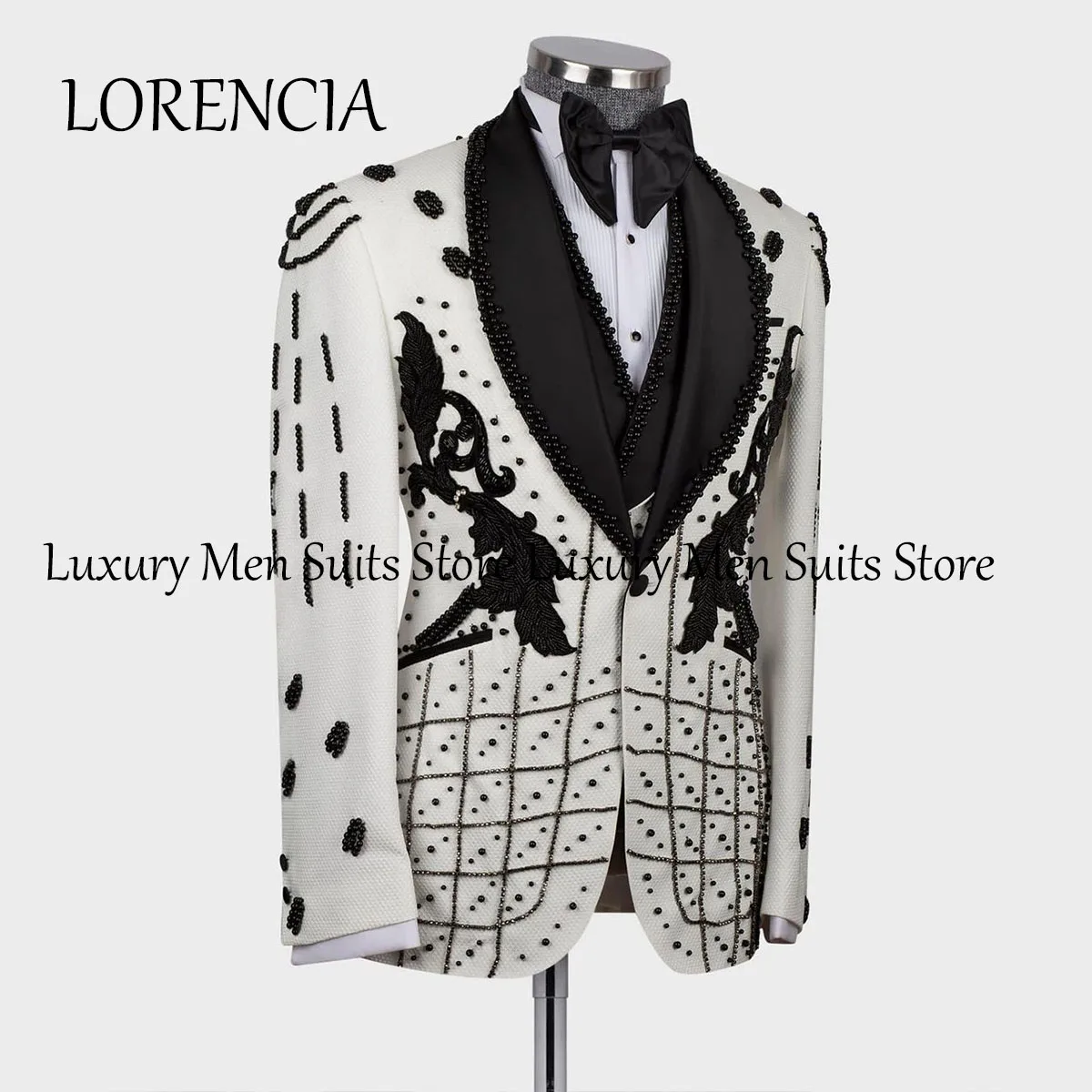 Luxury Diamond Men Suits Wedding Groom Tuxedos Pearls 3 Pieces Business Formal Male Suit Jacket Blazer Ternos Completo