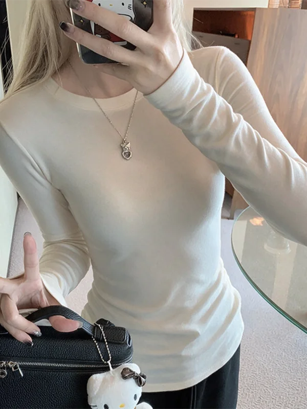Cherry Blossom round Neck Long Sleeve Women's Top Slim Fit Short Length Waist Cinching Short plus Size American Style T-Shirt