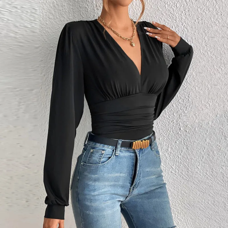 Sexy tiefe V-Ausschnitt Langarm feste Tops und Blusen Frauen Herbst schlanke elegante Streetwear Top Femme Bluse für Frauen