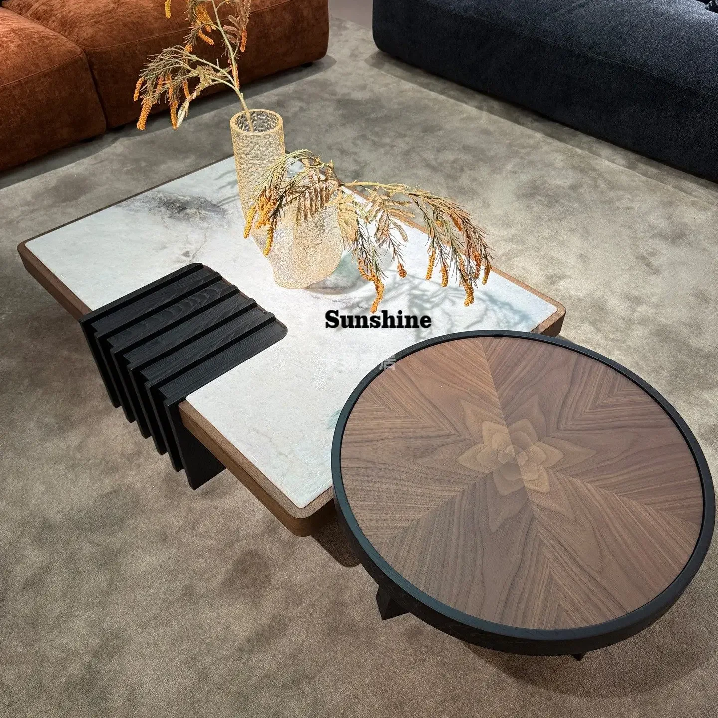 

Simple natural luxury stone blue peacock marble coffee table Italian living room coffee table combination FT