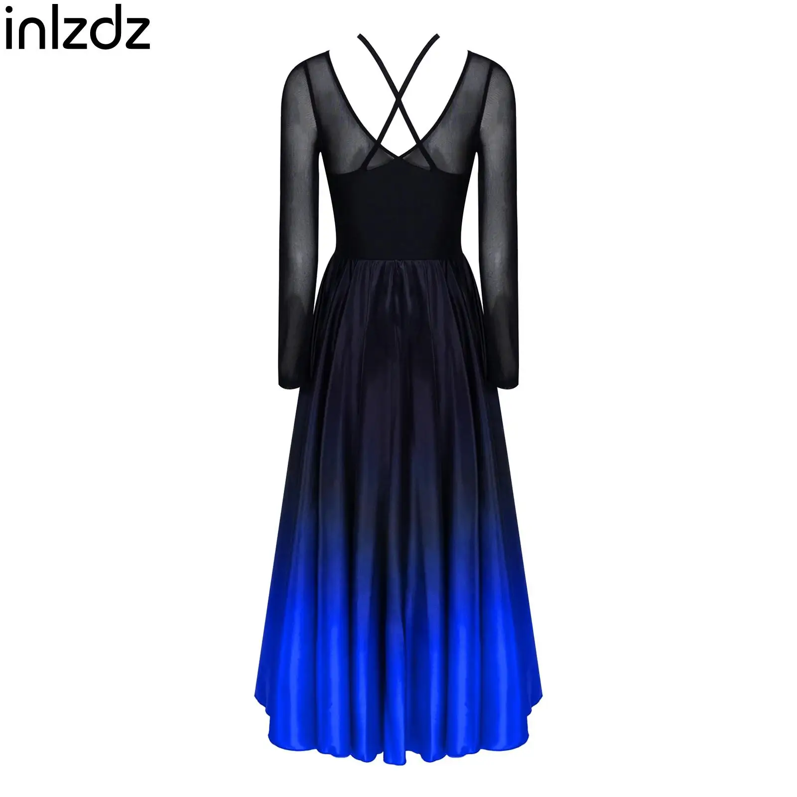 women-flamenco-waltz-dancewear-mesh-long-sleeve-swing-dress-elegant-gradient-hem-button-crotch-briefs-classic-modern-dance-dress