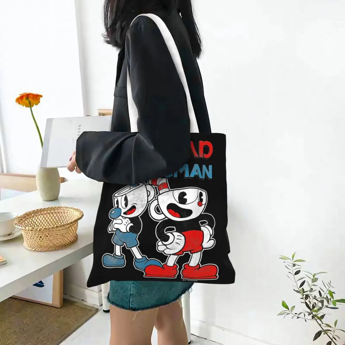 Cuphead & Mugman Dynamic Duo Sac fourre-tout en toile pour femme, sac d'épicerie grande capacité, sacs d'école