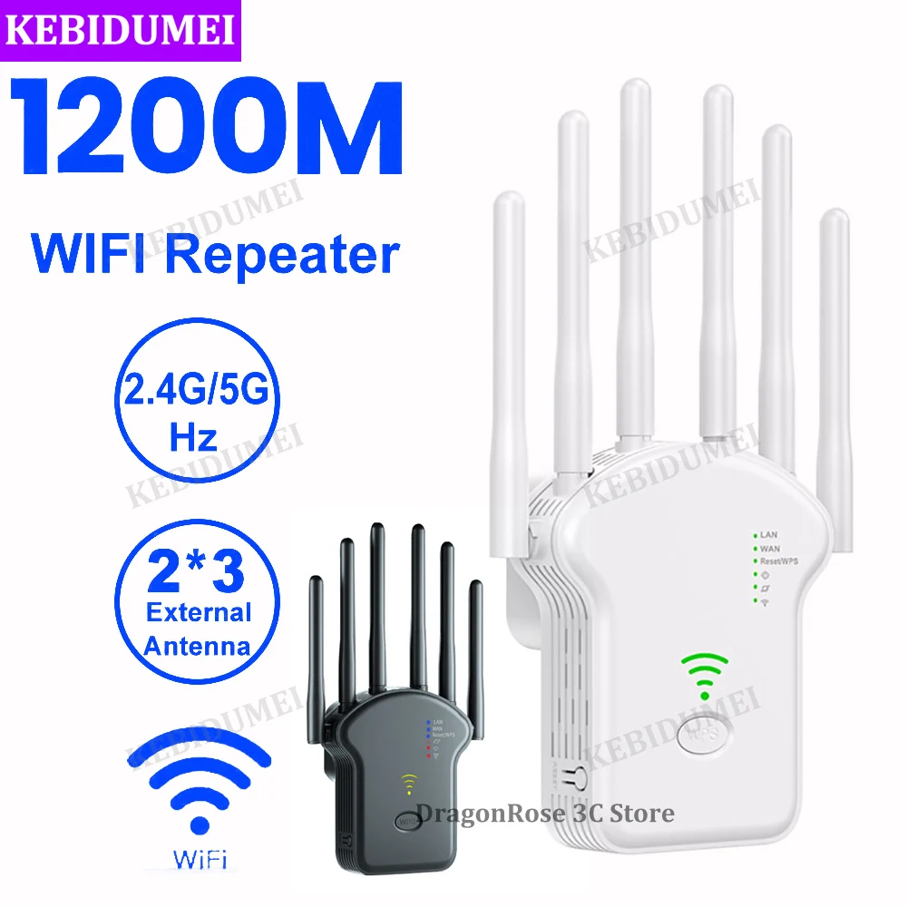 1200Mbps WiFi Repeater Wireless WiFi Router Dual-Band 2.4G 5G WiFi Extender 6 Antenna Network Amplifier WPS WiFi Signal Repeater