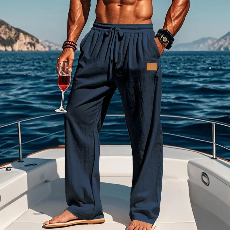 

Drawstring Cotton Linen Men's Casual Straight Leg Thin Pants Beachwear Summer Breathable Comfortable Lightweight Trousers