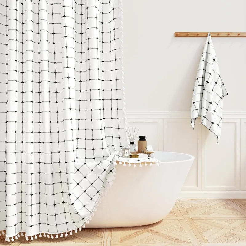 

White and Black Boho Shower Curtain - Linen Rustic Farmhouse Heavy Duty Fabric Shower Curtain Set with Tassel