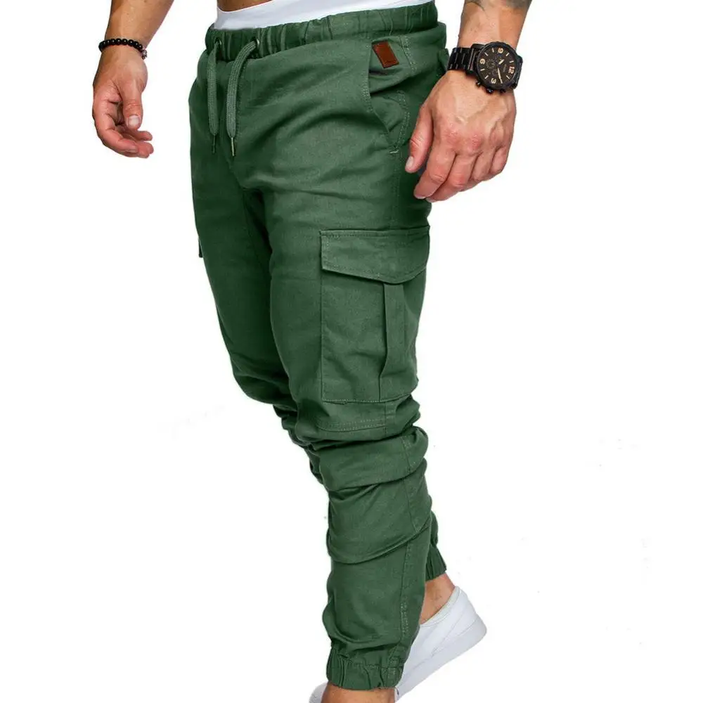 Solid Color Men Cargo Pants Casual Drawstring Pants Pockets Skinny Waist Ankle Tied Cargo Pants