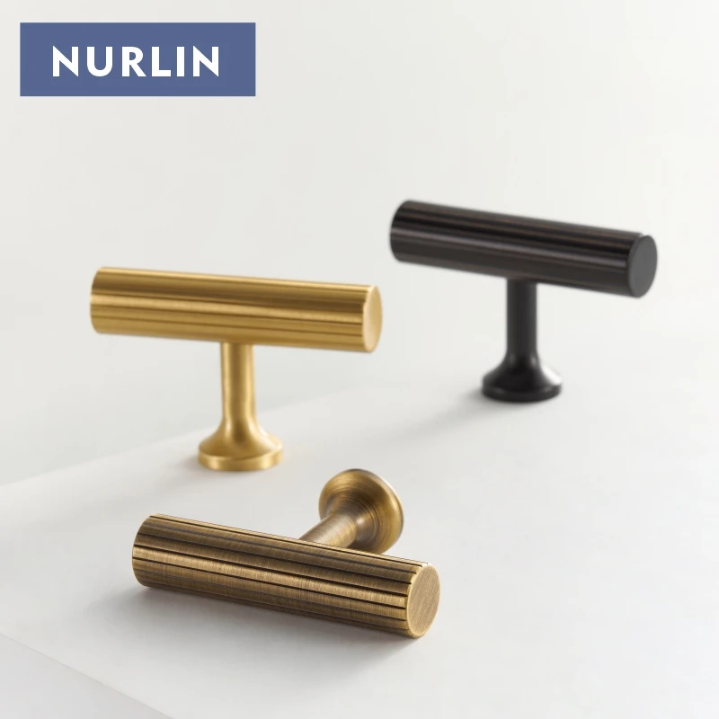 Nurlin Art Deco vertikale Linien aus massivem Messing, lineare Küchenschrankknöpfe, T-Stangen, Schlafzimmerschränke, langer Schubladengriff