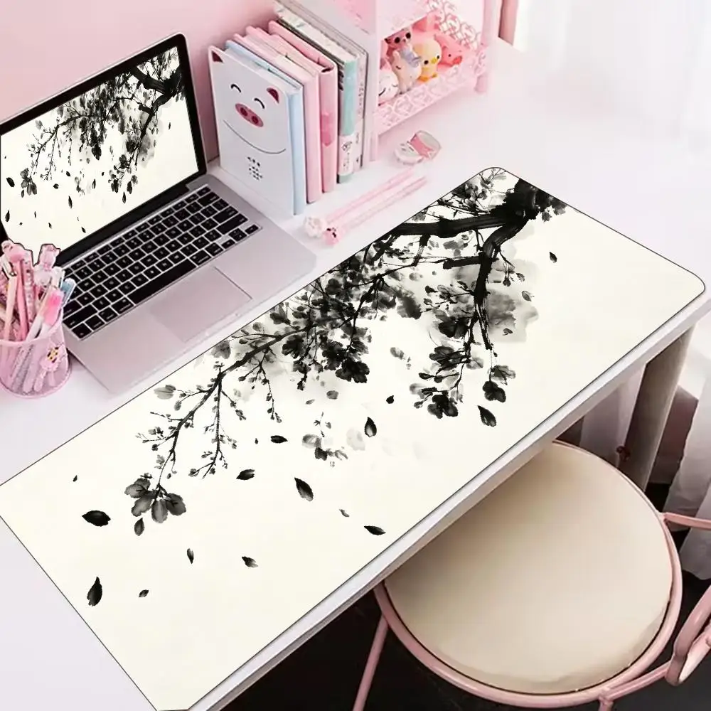 Large Mouse Pad Chinese Ink Plum Mountain Print Stitched Edge Anti‑Slip Rubber Desk Mat for Gaming Working Home Office Decor