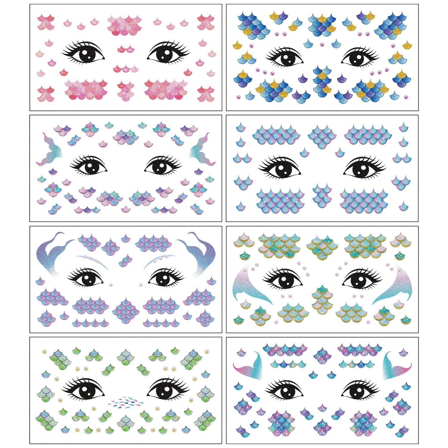 8 أوراق حورية البحر الموازين الوجه بريق ملصقات الوشم المؤقت سباركلي الملونة العين الجبين الفن ماكياج تصميم الموازين وهمية