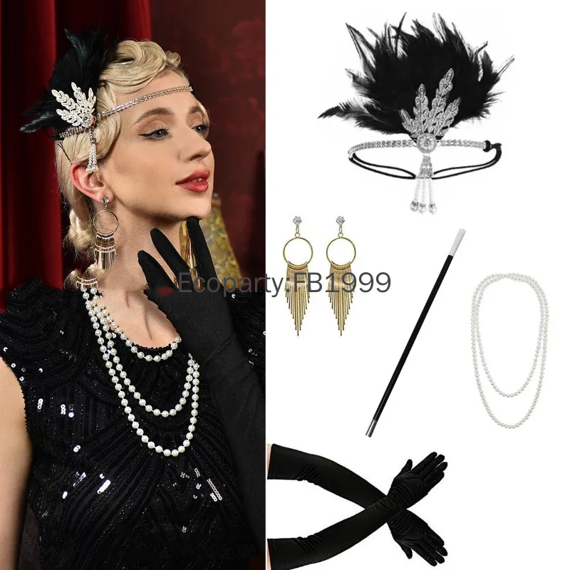 

Women Great Gatsby Accessories Vintage Flapper Headband Cigarette Holder Gloves Necklace Suit Lady Cocktail Party Costume Props