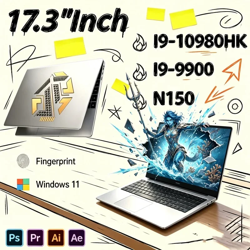 17.3 Inch Premium Laptop Intel Core I9‑10980HK/I9‑9900/N150 32GB RAM 1TB/2TB SSD Fingerprint Unlock Windows 11 Gaming Notebook