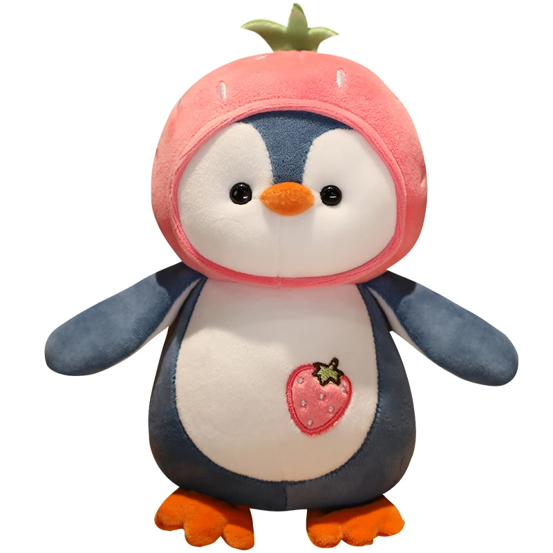 1 unidad de juguetes de peluche de pingüino de dibujos animados, muñeca suave Kawaii, vestido de fresa naranja, regalo para niñas