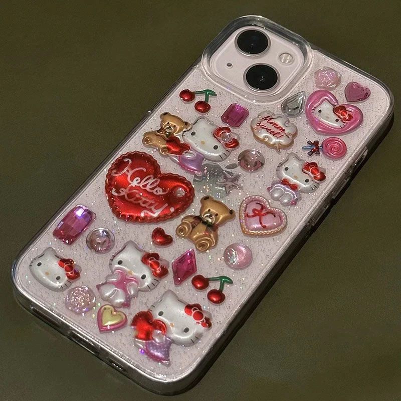 3d sanrio hallo kitty aufkleber glitter y2k mädchen telefon hülle für iphone 16pro 11 12 13 14 15 pro max anti-drop soft back cover geschenk