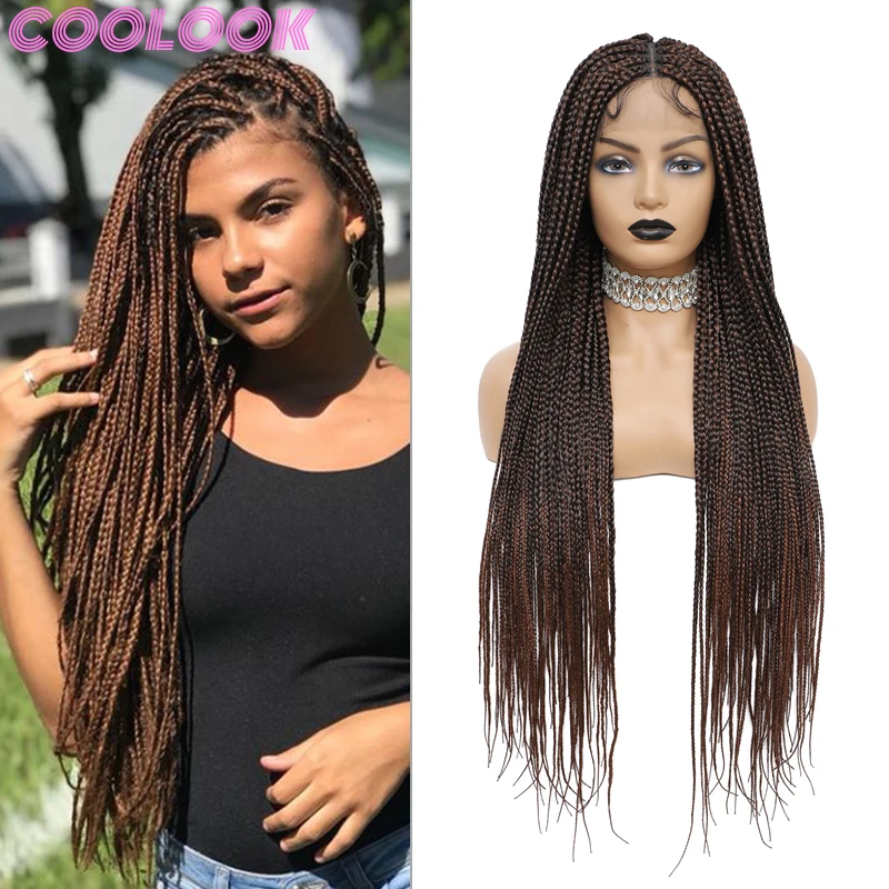 

Long Full Lace Box Braid Wig with Baby Hairs 36 Inch Knotless Box Braid Frontal Wig Ombre Brown Synthetic Braided Wigs for Women