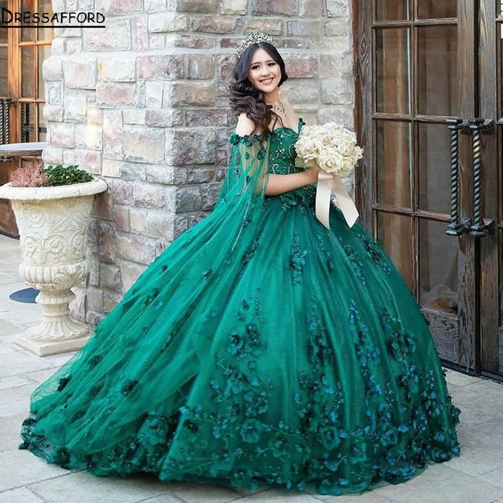 Vestido De quinceañera con cuentas De cristal verde esmeralda, vestido De baile con capa sin hombros, flor 3D dulce, 15 Vestidos De XV Años