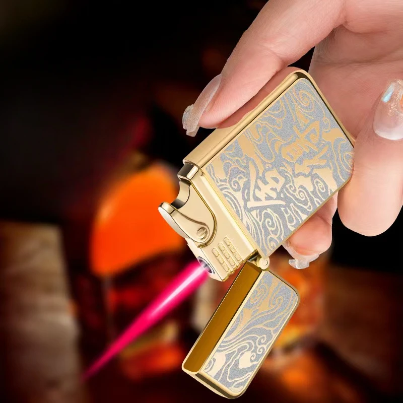 Hot Sale Red Flame Metal Lighter Luminous Cigar Lighter Inflatable Butane Adjustable Flame Outdoor Windproof Lighter Men\'s Gift