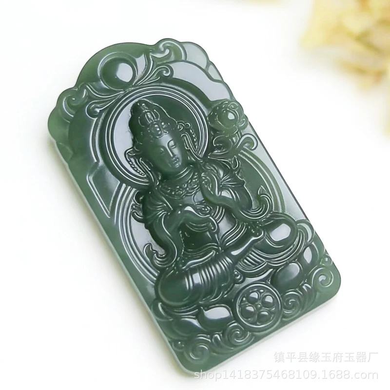 Lake green Hetian material-seated Guanyin Bodhisattva , large pendant, jade plaque