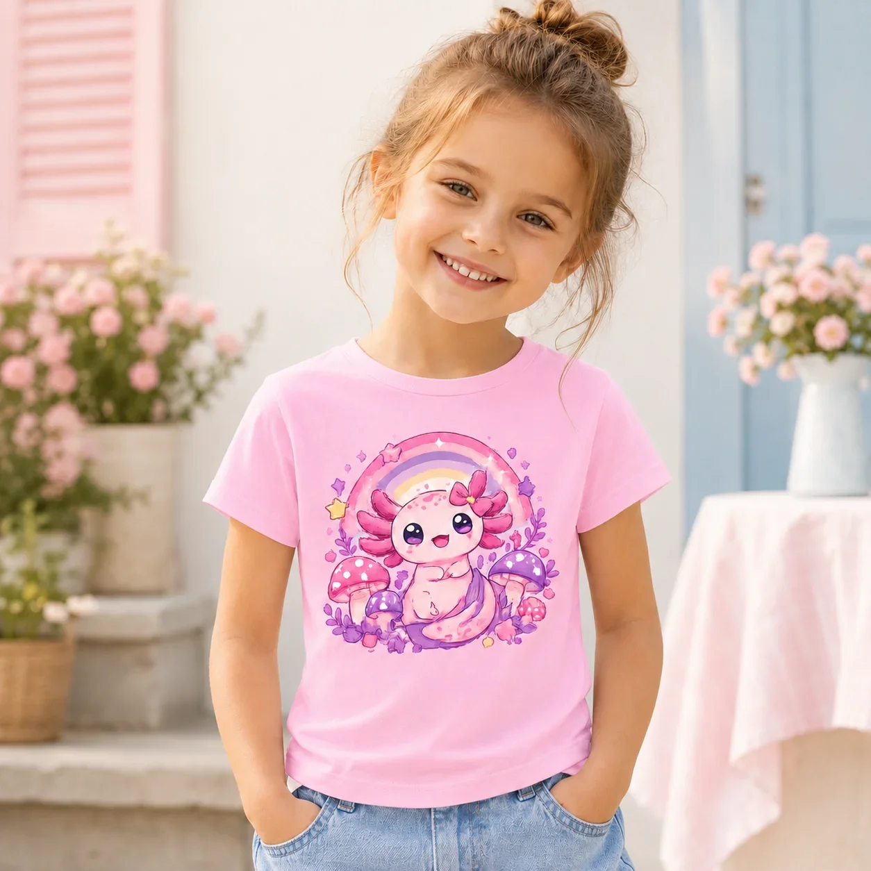 Mädchen-Axolotl-T-Shirt mit niedlichem Aquarell-Regenbogen-Pilz-Print, Baumwoll-T-Shirt für Kleinkinder, kurzärmelig, lässige Kinder-Oberteile für den Sommer. – Detail 2