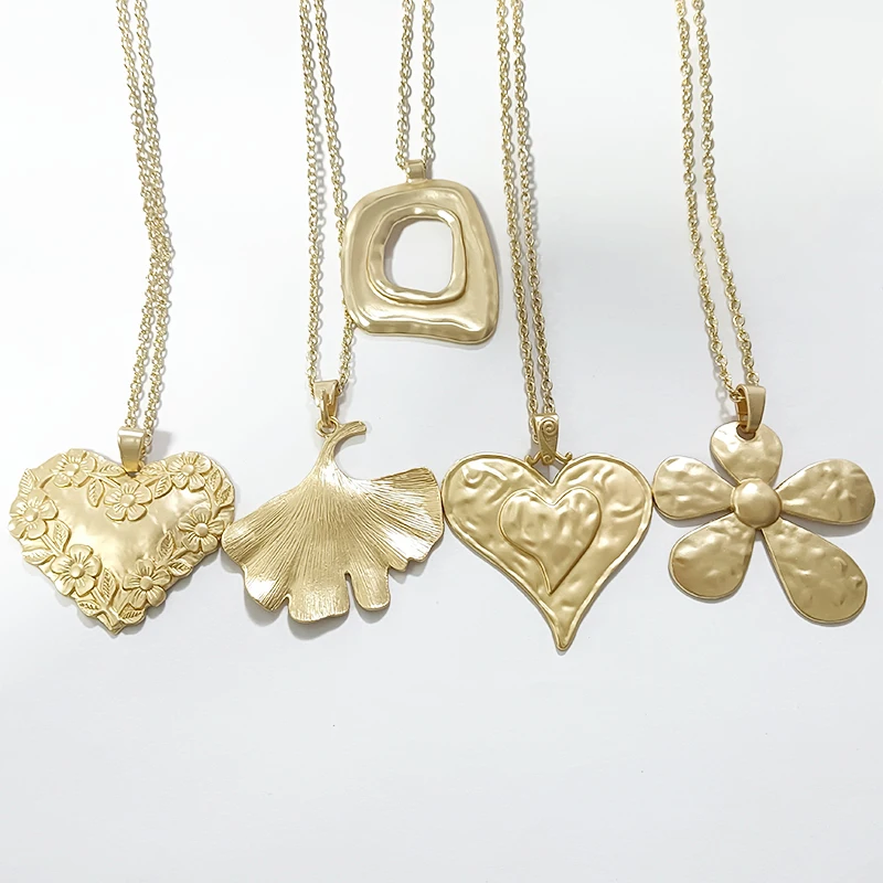 Large Statement Abstract Tribal Boho Round Flower Medallion Matte Gold Pendant on Long Gold Chain Necklace Lagenlook 34\