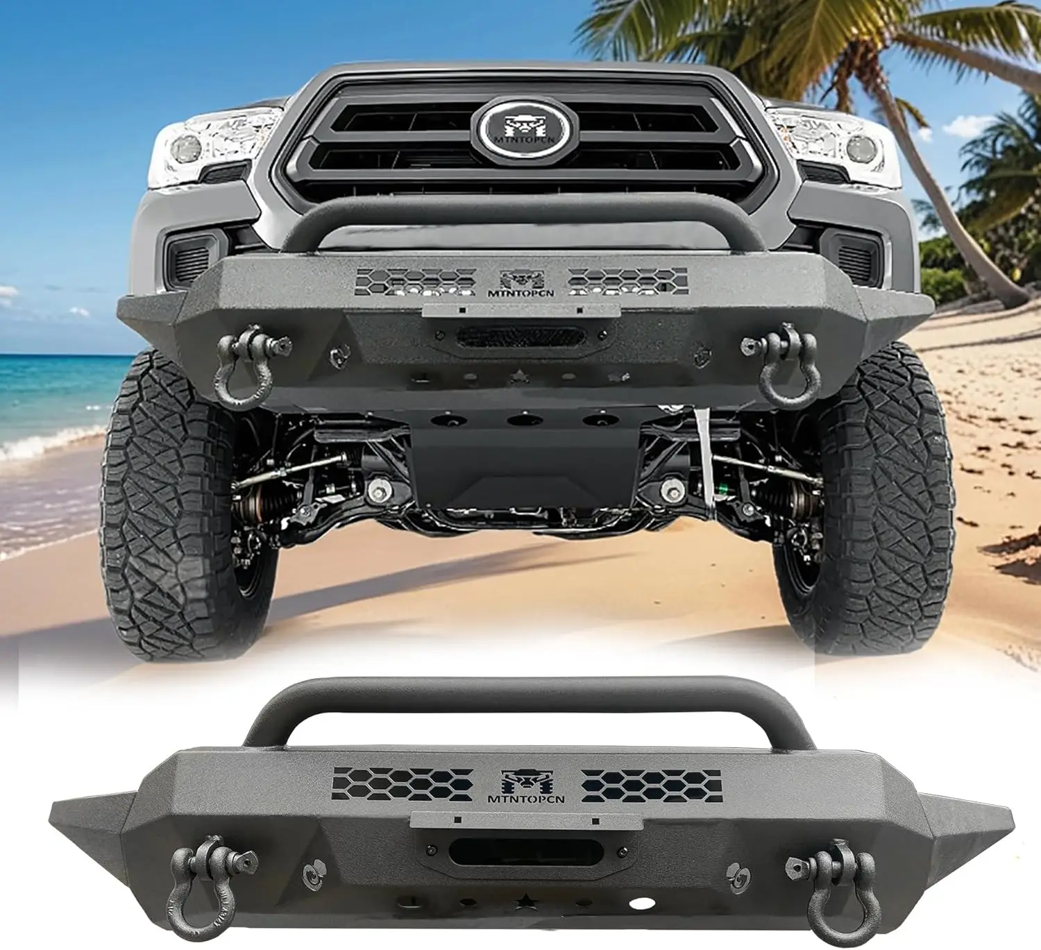 

Steel Front Bumper Compatible For Toyota Tacoma 2016-2023 Pick Up Assembled With Two Wings & Winch Plate-Textured Black
