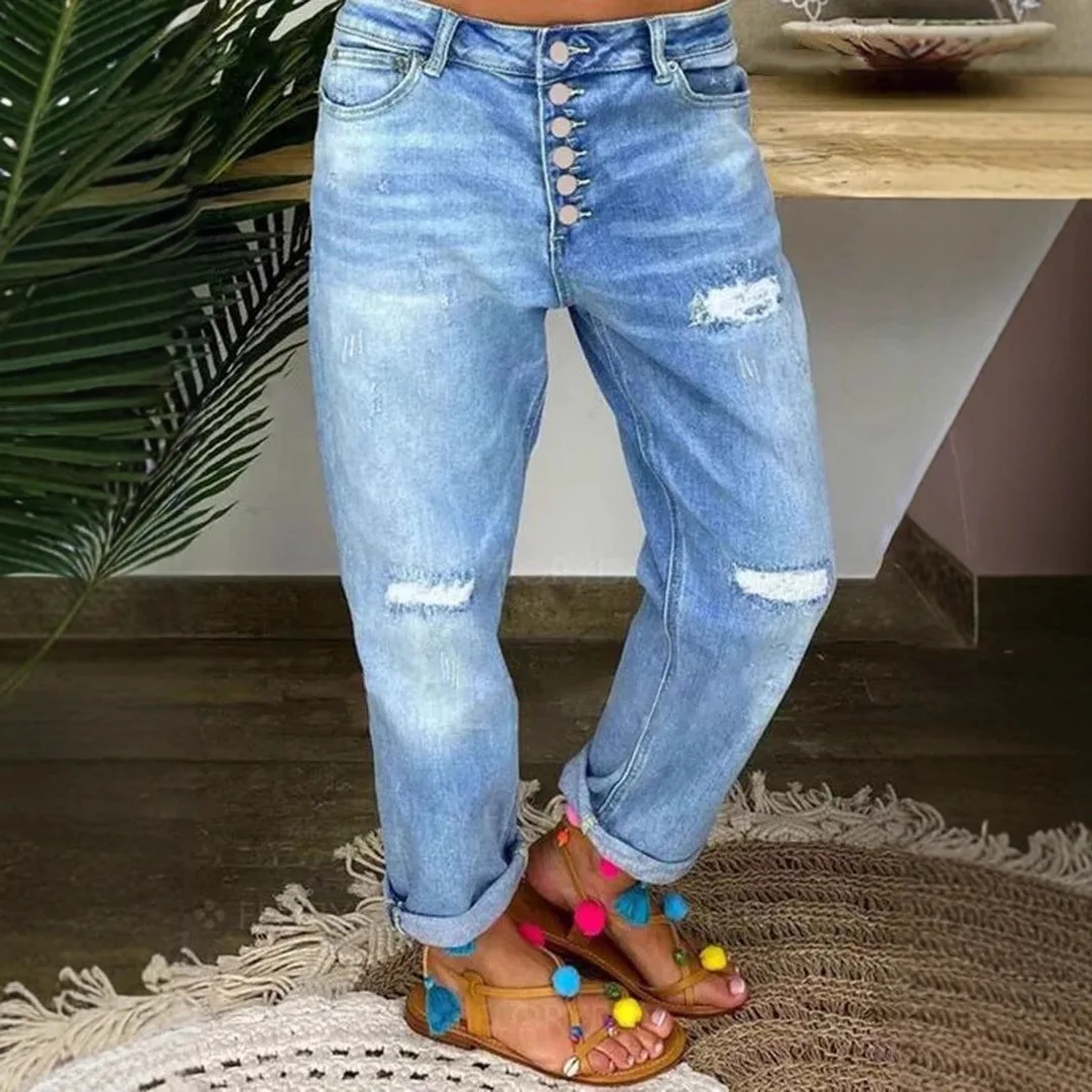 European and American 2026 New Blue Ripped Jeans Women's Loose Washed Straight Leg Casual Pants Blue Casual Style