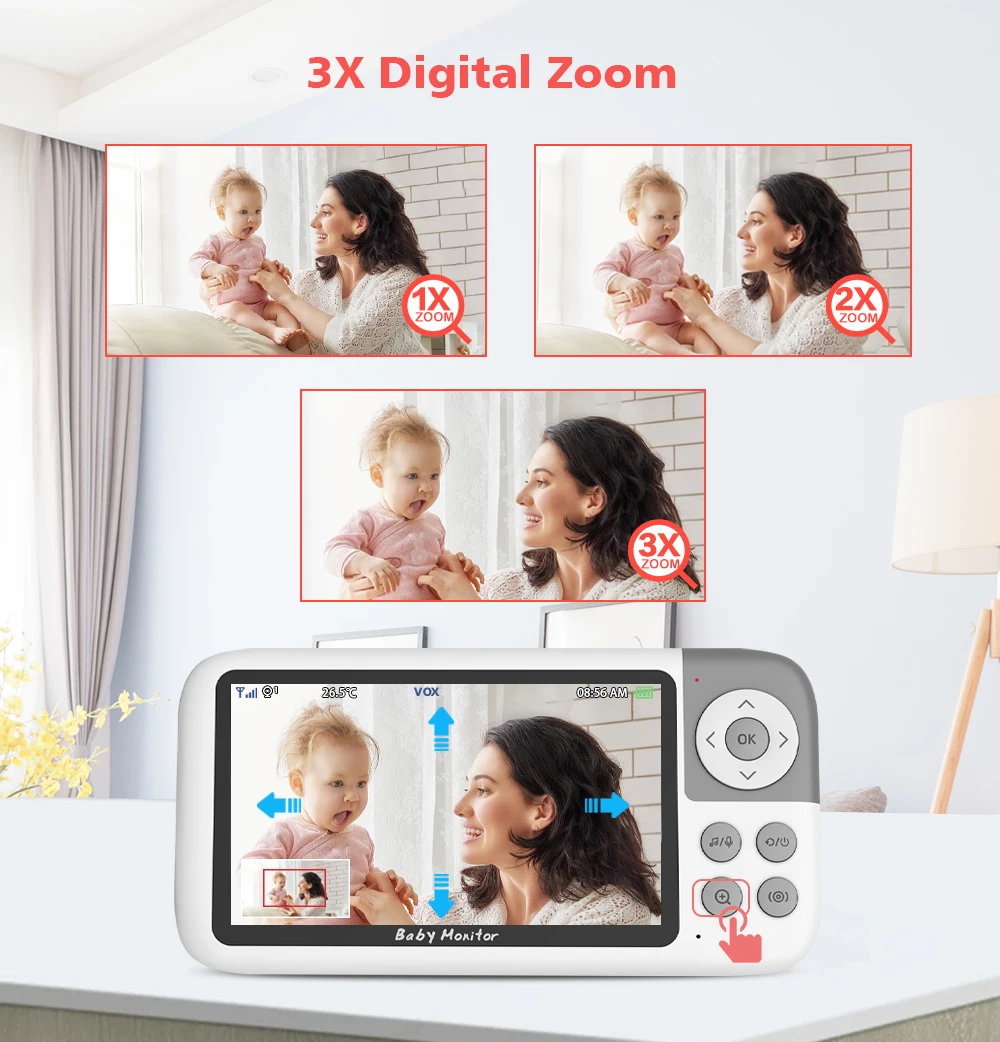Videocamera per baby monitor da 5,0 pollici 720P Zoom digitale 3X Audio bidirezionale Visione notturna automatica Telecamera di sicurezza con trasmissione 300M VB618