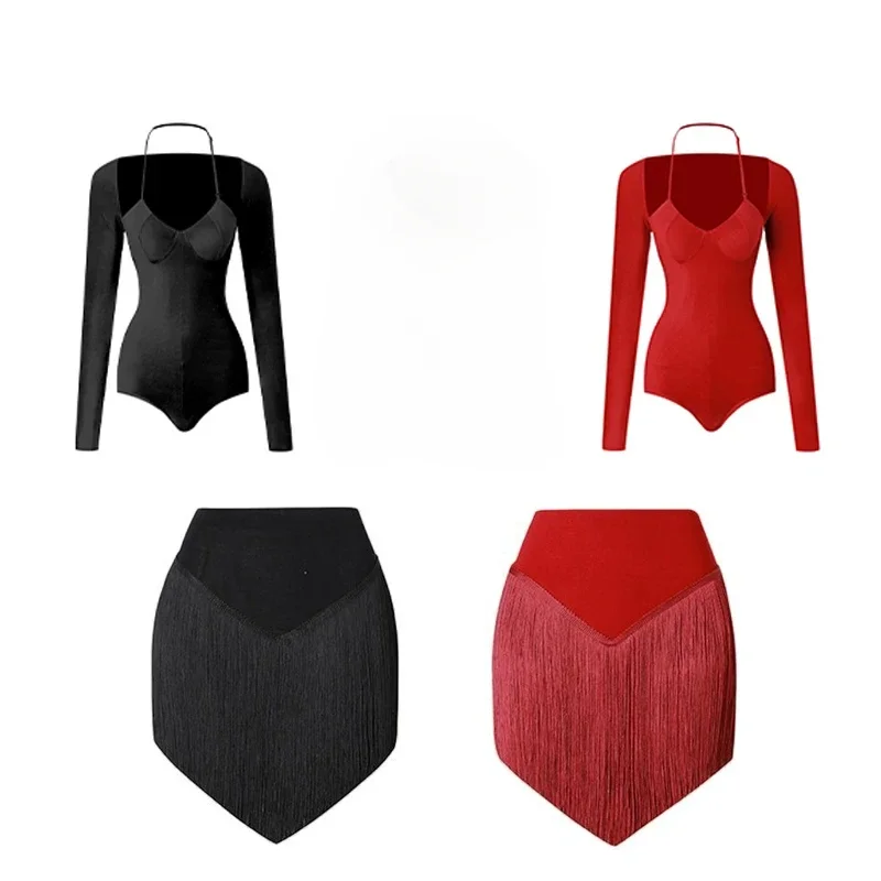 Conjunto de baile latino para mujer, traje Sexy con cuello Halter, Tops latinos, faldas con flecos Cha, vestidos de baile latino Rumba Samba, ropa de escenario para niña