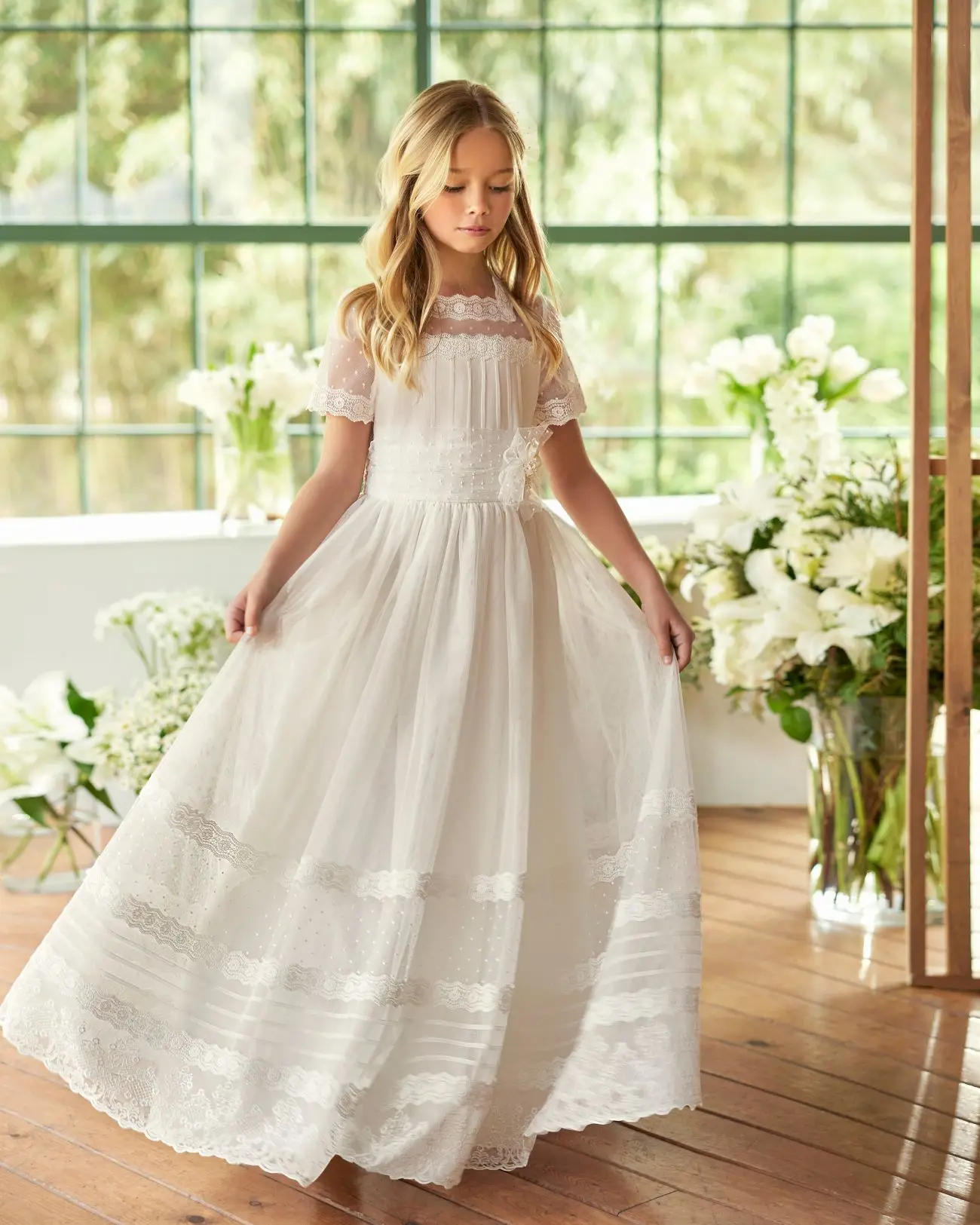 Vestidos de primera comunión, vestido elegante de flores para niña, bola de boda, apliques de tul para desfile, vestidos de banquete de princesa de cumpleaños para niños