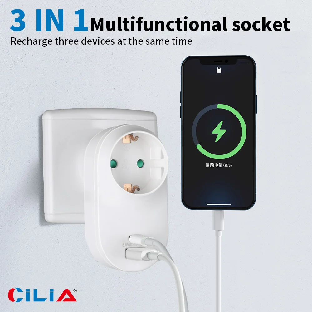 EU ，Electrical Plug Power  Socket, Multiple Outlets ,Wall Socket  ,1AC,1 USB ,Type-C,  Ground Connection，CE,Rosh,for Home