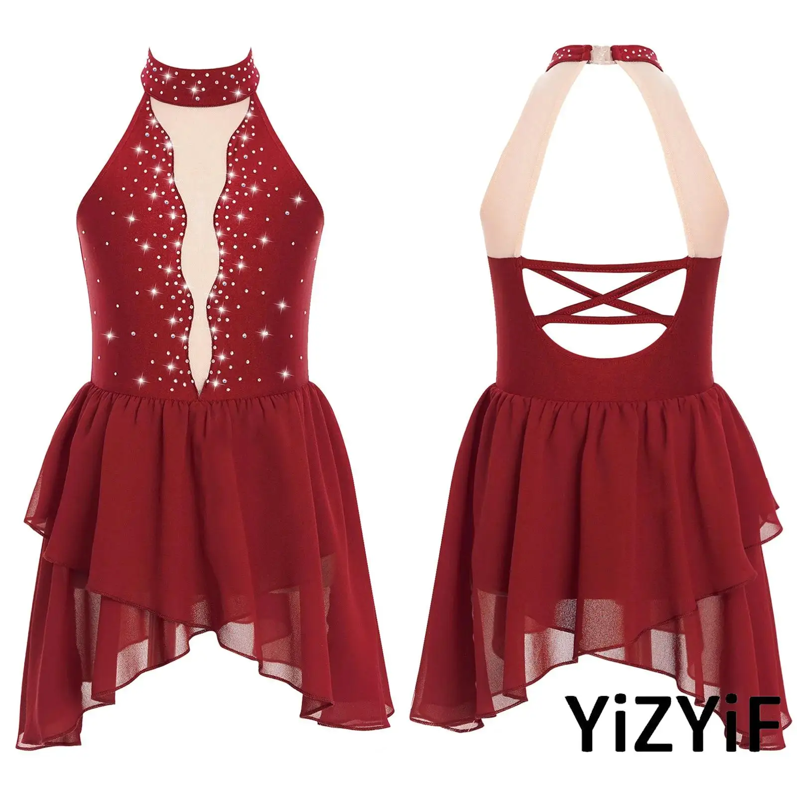 

Childrens Girls Lyrical Ballet Dance Wear Sparkle Mesh Dress with Detachable Gloves for Ballroom Dance Practice And Recital