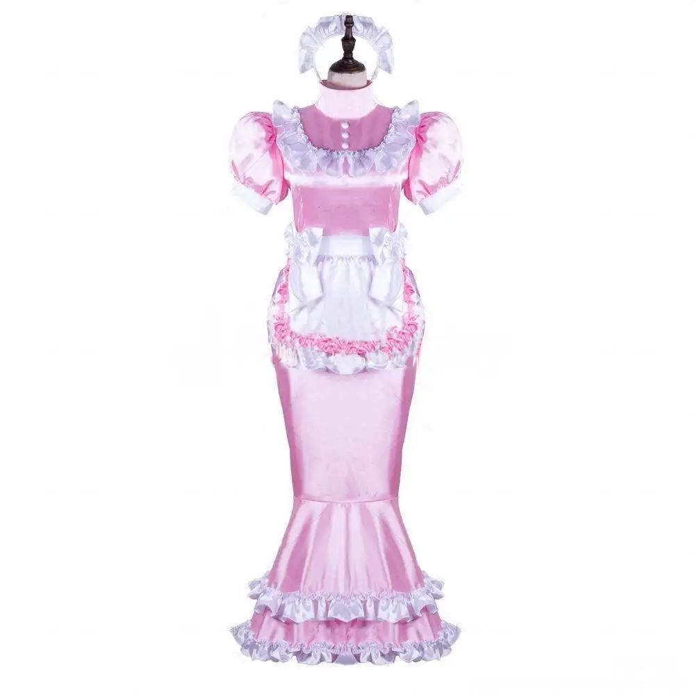 Girl Sexy Maid sissy lockable Pink Satin fishtail Dress cosplay Costume Tailored  No lock