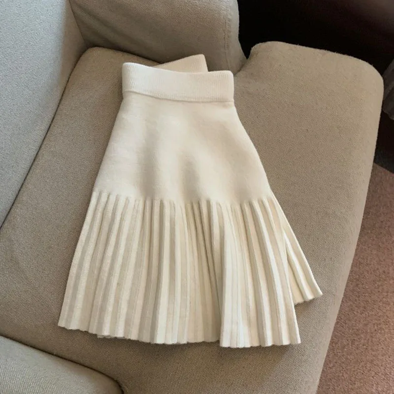 Xpqbb Knitted Pleated Skirt Women Fall Winter High-waisted A-line Skirt Female Preppy Style All-match Patchwork Mini Skirts